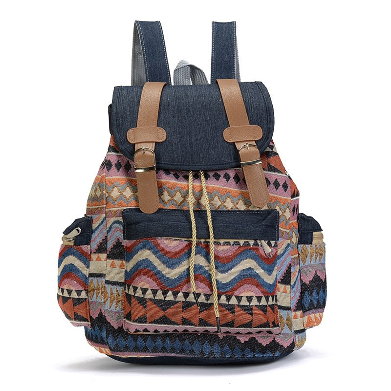 best girl boho travel backpack Vintage Bohemian Canvas Backpack – Ethnic Chic Schoolbag for Women Blue