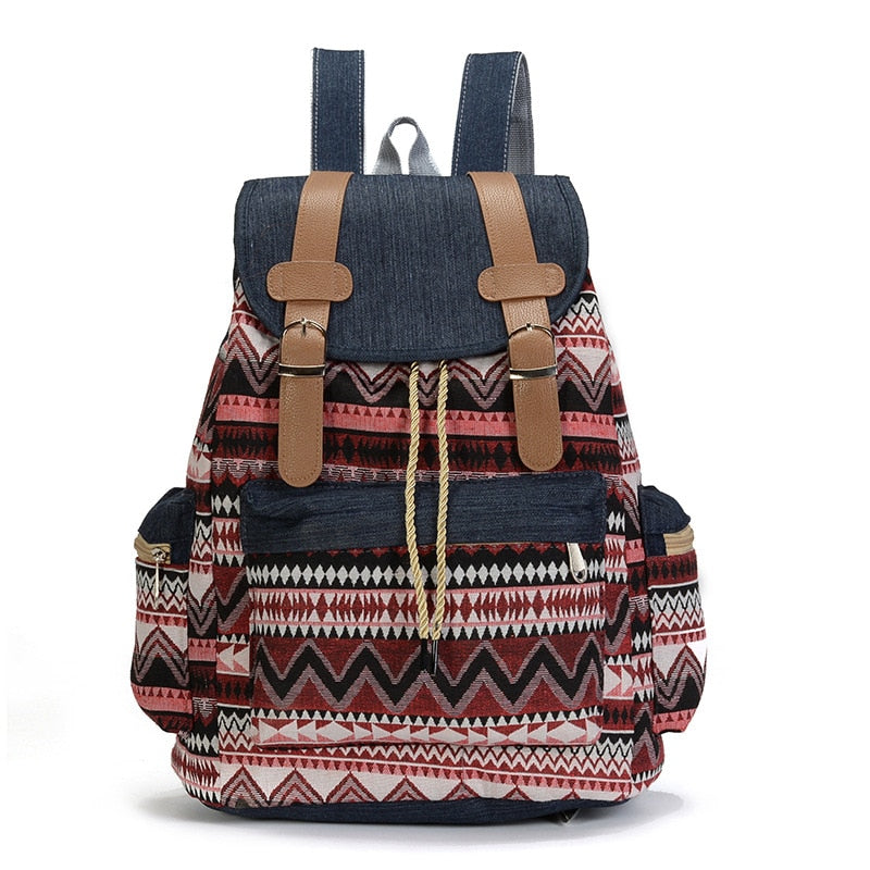 Vintage Bohemian Canvas Backpack – Ethnic Chic Schoolbag for Women