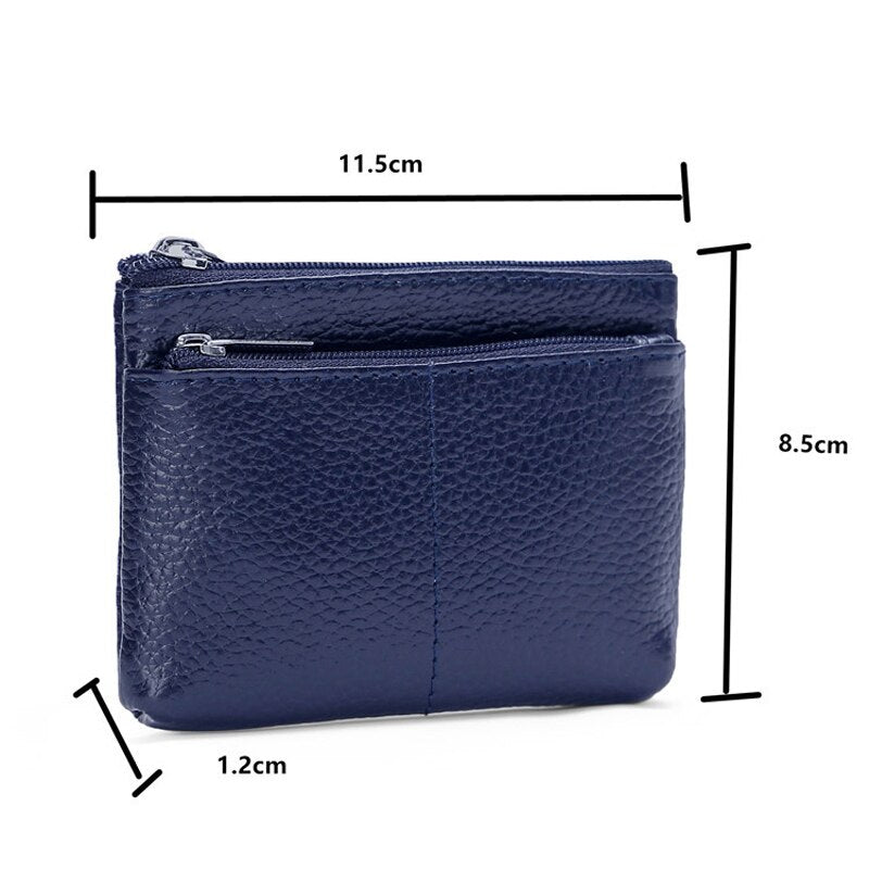 Compact Genuine Leather Coin Purse - Key Holder Mini Zipper Pouch