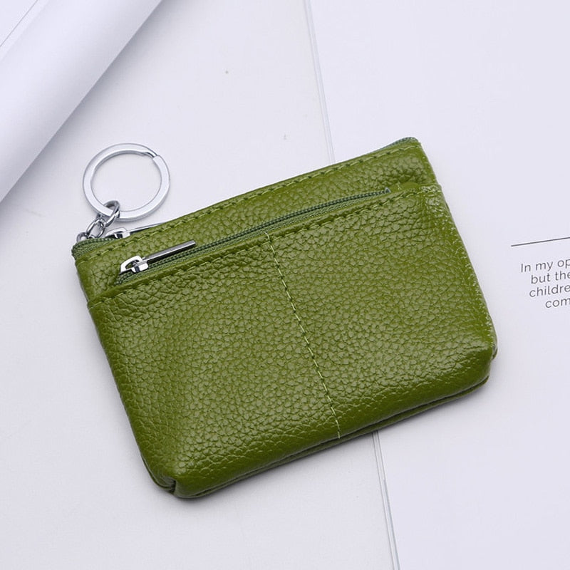 Compact Genuine Leather Coin Purse - Key Holder Mini Zipper Pouch