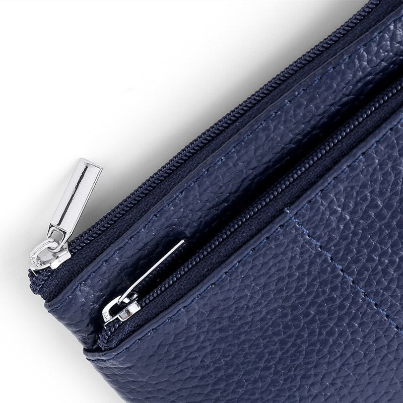 Compact Genuine Leather Coin Purse - Key Holder Mini Zipper Pouch