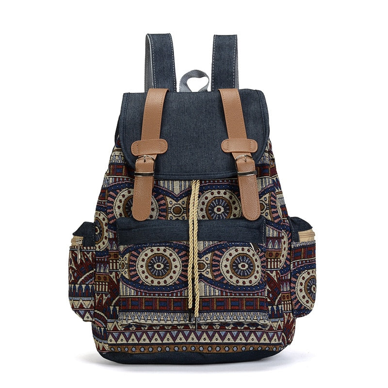 Vintage Bohemian Canvas Backpack – Ethnic Chic Schoolbag for Women