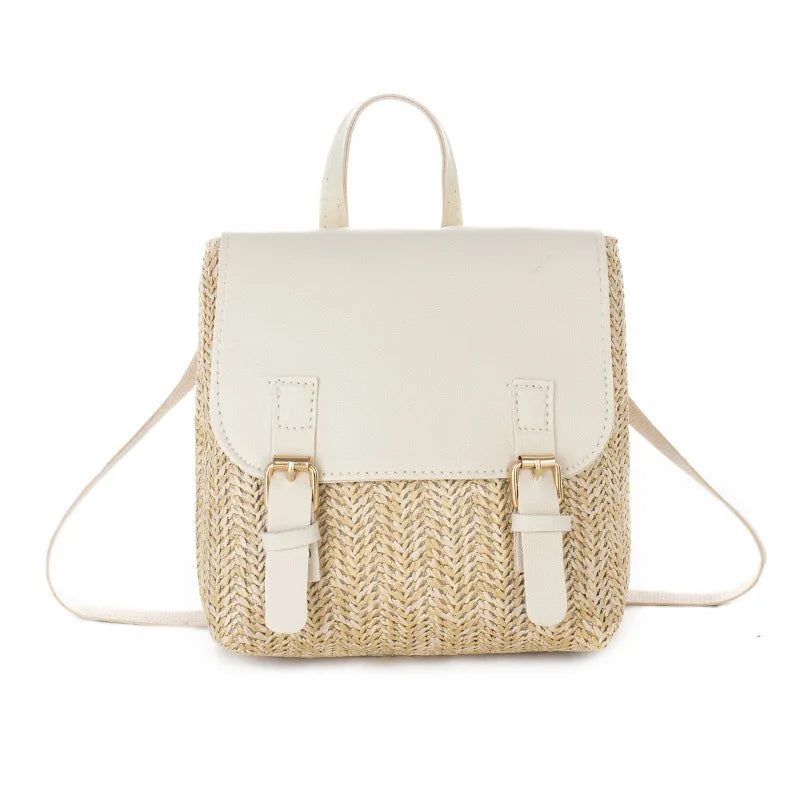 Chic Black Pink Mini Straw Woven Backpack for Teenage Girls