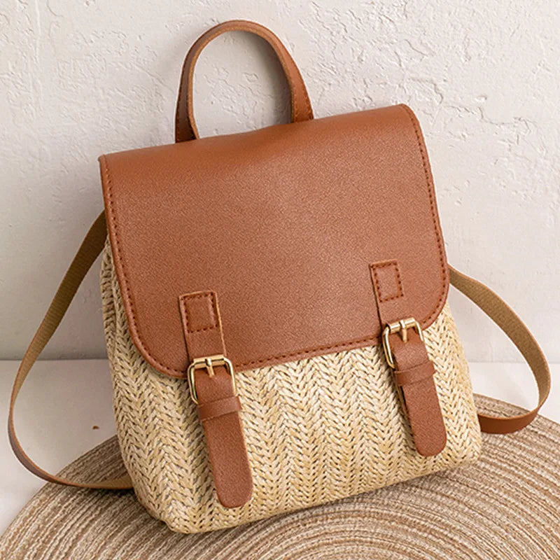 Chic Black Pink Mini Straw Woven Backpack for Teenage Girls