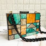 Artistic Patchwork Acrylic Clutch - A Geometric Statement for Special Occasions