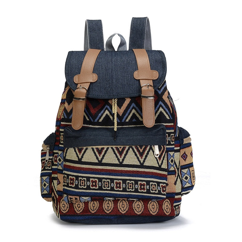 Vintage Bohemian Canvas Backpack – Ethnic Chic Schoolbag for Women