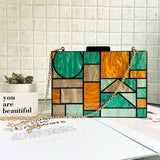 Artistic Patchwork Acrylic Clutch - A Geometric Statement for Special Occasions