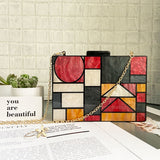 Artistic Patchwork Acrylic Clutch - A Geometric Statement for Special Occasions