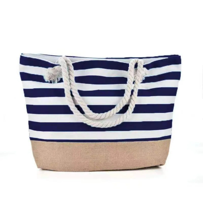 Large Capacity Striped Canvas Beach Tote Bag –Travel & Vacation Handbag